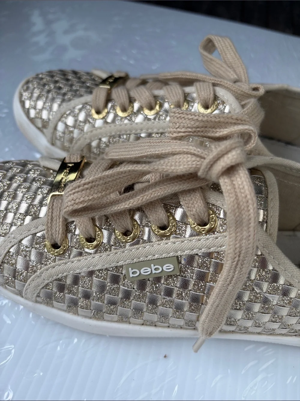 bebe Metallic Beige Woven Lace-Up Sneakers with Gold Accents